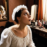 **

A behind-the-scenes view of a theater dressing room. Maria, an actress, is shown in partial costume, surrounded by makeup and costume elements. She is practicing deep breathing exercises, with a focused and determined expression on her face. The room has a slightly dusty, vintage feel, evocative of classic Russian theaters. Emphasize the anticipation and nervous energy.

**