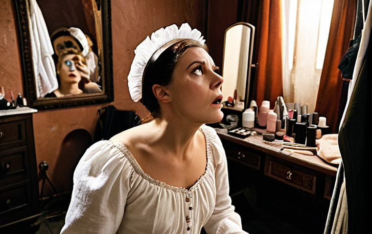 **

A behind-the-scenes view of a theater dressing room. Maria, an actress, is shown in partial costume, surrounded by makeup and costume elements. She is practicing deep breathing exercises, with a focused and determined expression on her face. The room has a slightly dusty, vintage feel, evocative of classic Russian theaters. Emphasize the anticipation and nervous energy.

**