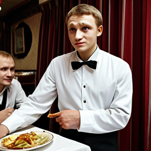 Home 6 **
A financially unstable actor working as a waiter in a Moscow restaurant. He is wearing a waiter's uniform but looks tired and disheartened. In the background, there are happy customers, highlighting the contrast between his stage aspirations and current reality. The image captures the "behind the scenes" struggles of pursuing an acting career in Russia.
**
