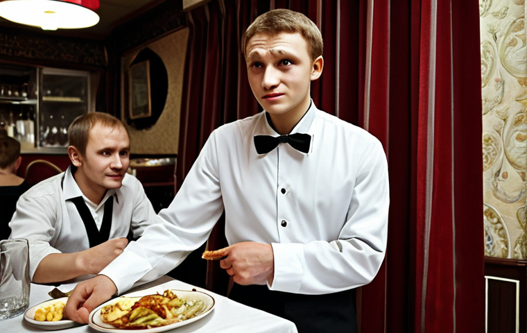 **

A financially unstable actor working as a waiter in a Moscow restaurant. He is wearing a waiter's uniform but looks tired and disheartened. In the background, there are happy customers, highlighting the contrast between his stage aspirations and current reality. The image captures the "behind the scenes" struggles of pursuing an acting career in Russia.

**