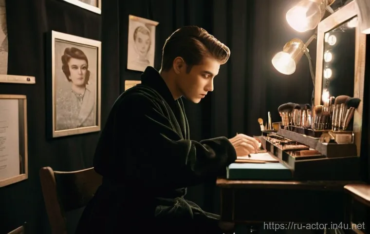 연극배우와 분장사의 협력 - **Prompt:** "A young, male actor, clean-shaven, sits thoughtfully in a plush, antique-style backstag...