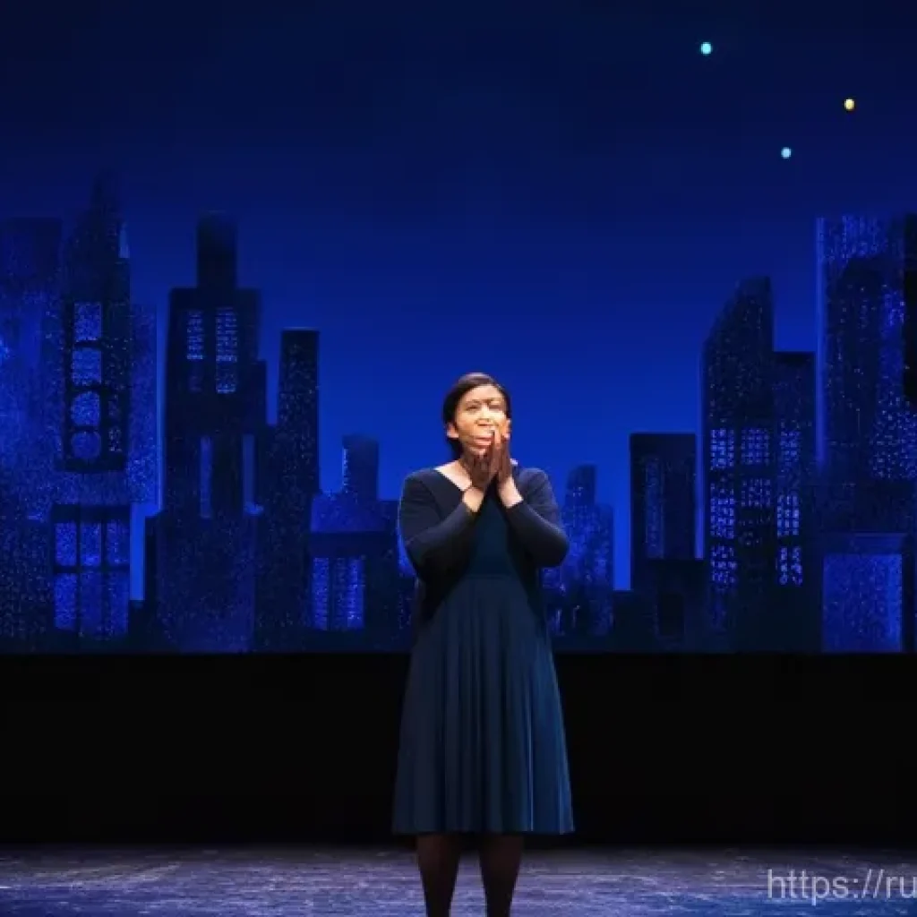 연극배우로서의 사회적 책임 - A powerful scene on a dimly lit theater stage, where a female actor, in her late 30s, stands center ...