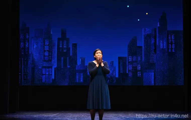 연극배우로서의 사회적 책임 - A powerful scene on a dimly lit theater stage, where a female actor, in her late 30s, stands center ...
