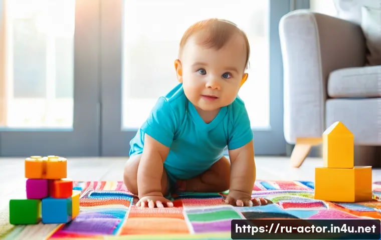 연극배우 연봉협상 팁 - **A playful toddler in a brightly colored romper, crawling on a soft, patterned rug. Toys are scatte...