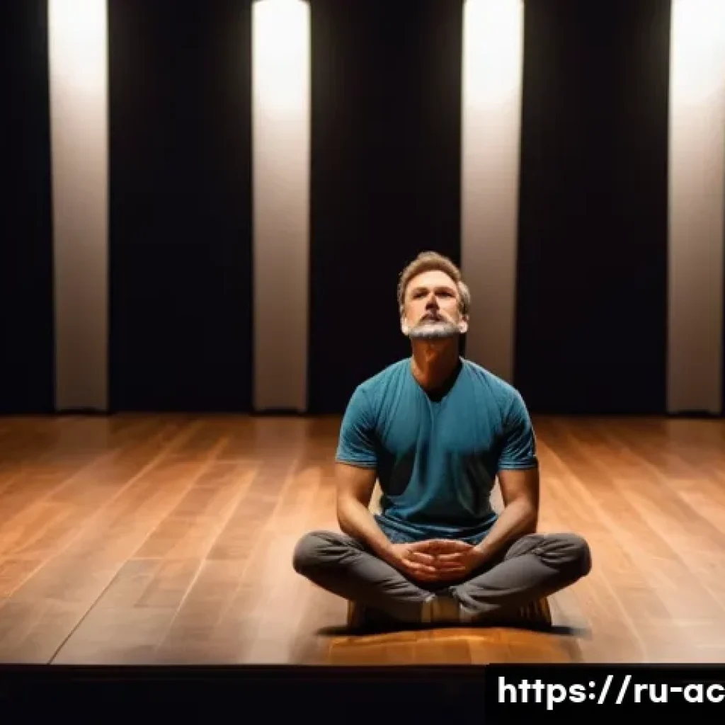 연극배우 자기계발 노하우 - A professional actor practicing diaphragmatic breathing in a dimly lit theater rehearsal room, sitti...