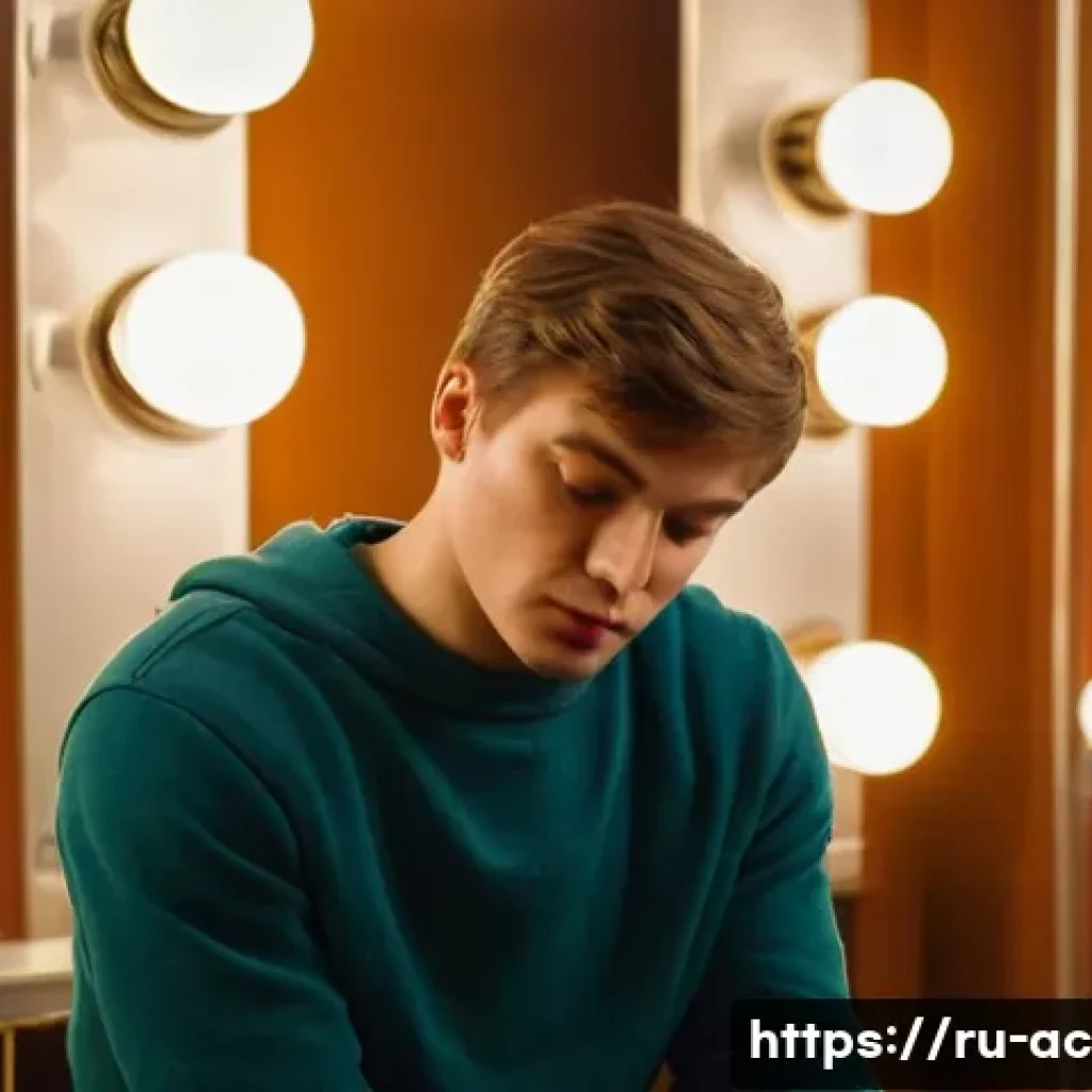 연극배우의 드라마틱 연기 연습 - A young Russian actor in a cozy theater dressing room, sitting in front of a large mirror with soft ...