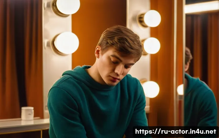 연극배우의 드라마틱 연기 연습 - A young Russian actor in a cozy theater dressing room, sitting in front of a large mirror with soft ...