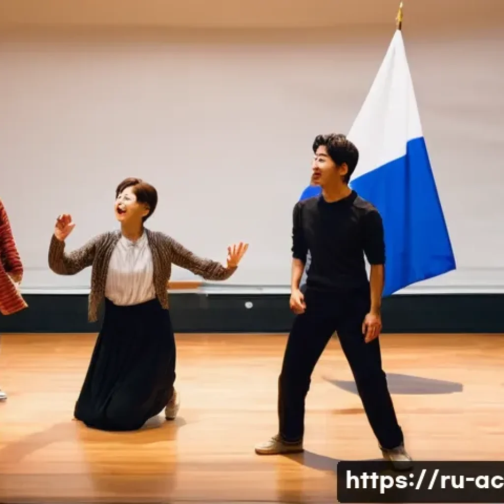 연극배우의 예술적 교류 사례 - A vibrant international theater workshop scene featuring diverse actors from Russia, Japan, France, ...