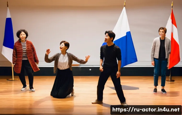 연극배우의 예술적 교류 사례 - A vibrant international theater workshop scene featuring diverse actors from Russia, Japan, France, ...