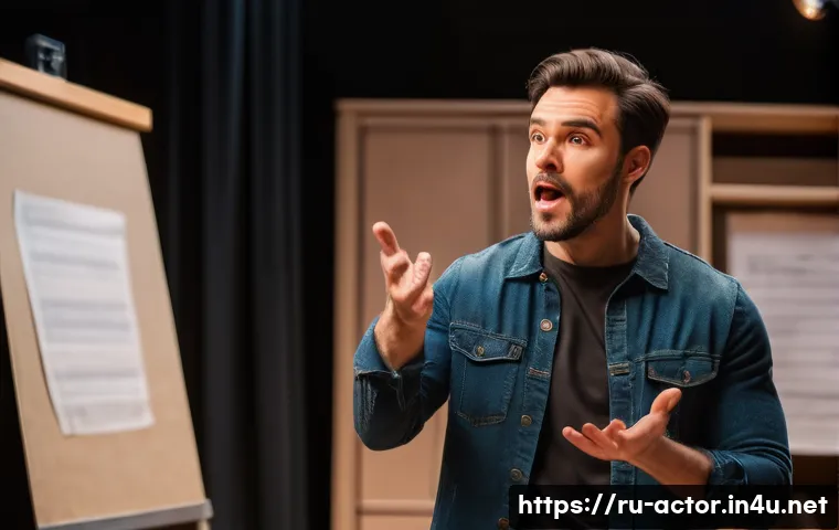 연극배우의 커리어 개발 - A professional actor in a theater rehearsal room, wearing casual modern clothing, practicing express...