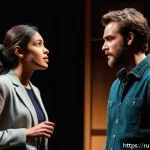 연극배우의 무대 리액션 연습 - A theatrical stage scene showing two actors deeply engaged in a live, emotional dialogue. The male a...
