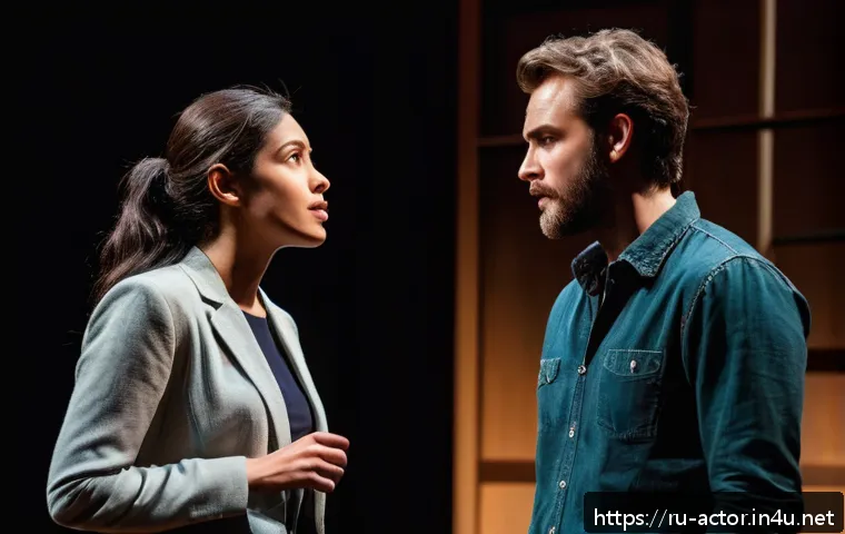 연극배우의 무대 리액션 연습 - A theatrical stage scene showing two actors deeply engaged in a live, emotional dialogue. The male a...