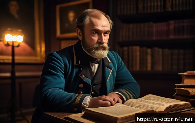 연극배우의 전문 지식 - A thoughtful Russian actor in a traditional theater costume from the 19th century, sitting in a diml...