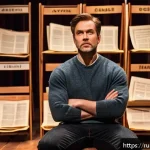 연극배우를 위한 책 추천 - A professional actor deeply immersed in character psychology, sitting in a classic theater rehearsal...