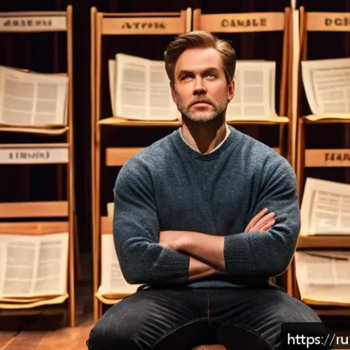 연극배우를 위한 책 추천 - A professional actor deeply immersed in character psychology, sitting in a classic theater rehearsal...