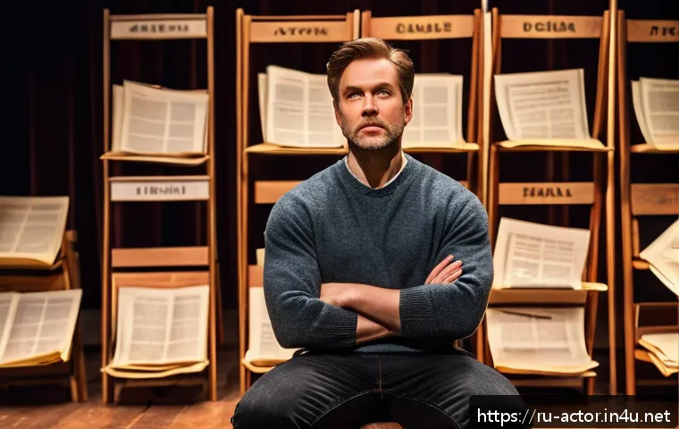 연극배우를 위한 책 추천 - A professional actor deeply immersed in character psychology, sitting in a classic theater rehearsal...