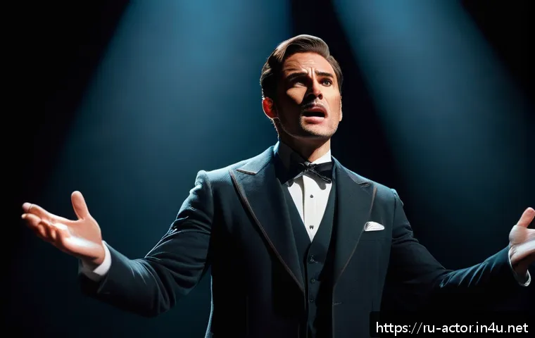 연극배우와 감정 연기 노하우 - A professional male actor deeply immersed in his role on a dimly lit theater stage, wearing a classi...