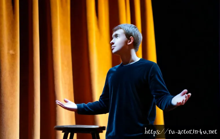 연극배우의 초보자를 위한 가이드 - Photorealistic beginner theatre actor rehearsing a dramatic monologue on a small Moscow-style black ...