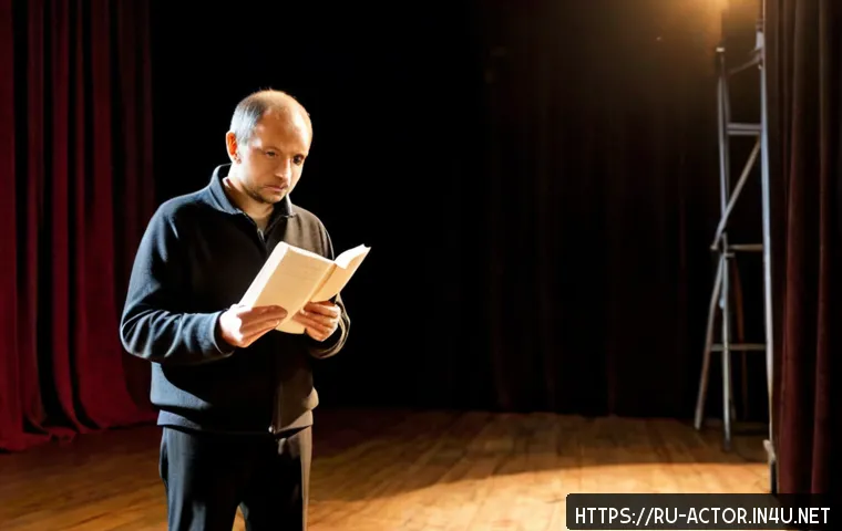 연극배우의 콜드리딩 연습 - Photorealistic Russian theatre actor in a quiet Moscow-style rehearsal studio, standing under a warm...